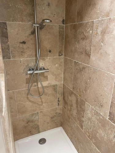 a shower with a shower head in a bathroom at A GAUGUIN Cyclistes Ventoux in Malaucène