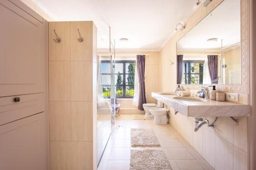 a bathroom with a sink and a toilet and a mirror at Corinthian Blue Retreat in Katakoúli