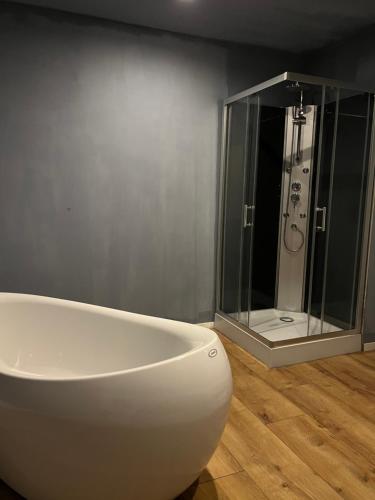 a white bath tub in a bathroom with a shower at Cercy in Cercy-la-Tour