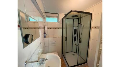 a bathroom with a shower and a sink at De Zandzegge | 4 persons in Gasselte