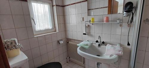a small bathroom with a sink and a toilet at Pension Brunner in Bad Kleinkirchheim