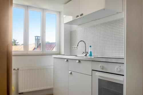 a white kitchen with a sink and two windows at Alte Schmiede Ellrichshausen 1 in Satteldorf