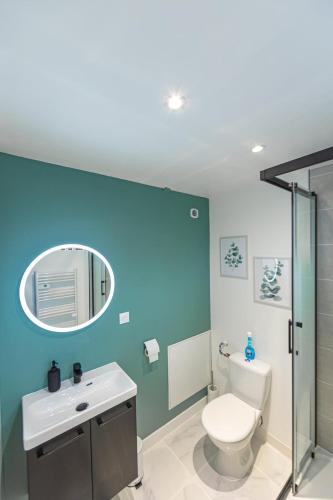 a bathroom with a toilet and a sink and a mirror at L'échappée de l'Arbalète in Autun