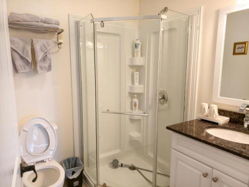 a bathroom with a shower and a toilet and a sink at Near Cavendish Beach-1 in Stanley Bridge