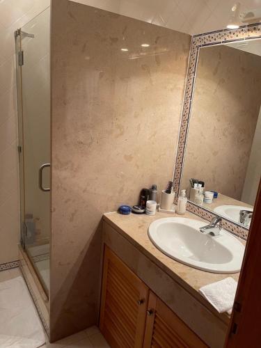 a bathroom with a sink and a mirror at Casa Lesarlo - T3 luxury, garden, pool - Praia D'El Rey in Casal da Lagoa Seca