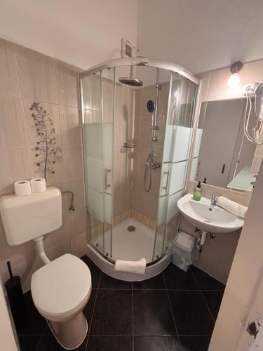a bathroom with a shower and a toilet and a sink at Y Panzió in Balatonlelle