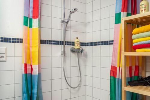 a shower in a bathroom with a colorful shower curtain at Alte Schmiede Ellrichshausen 2 in Satteldorf