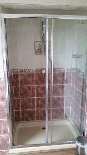 a shower with a glass door in a bathroom at Bed & Breakfast Fieldview in Rochester