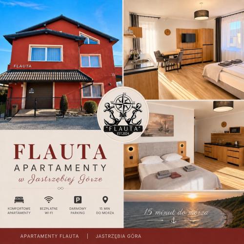 a collage of photos with a red house at Apartamenty Flauta - Cisza i Spokój, Parking, WiFi, Balkon, Aneks kuchenny in Jastrzębia Góra