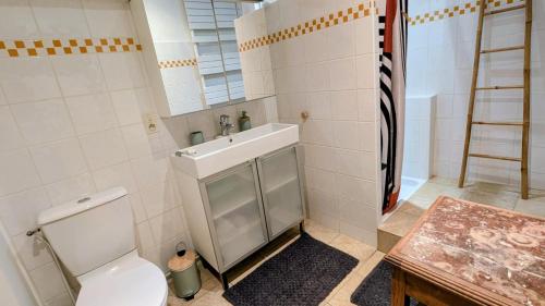 a bathroom with a toilet and a sink at Patissou in Solignac