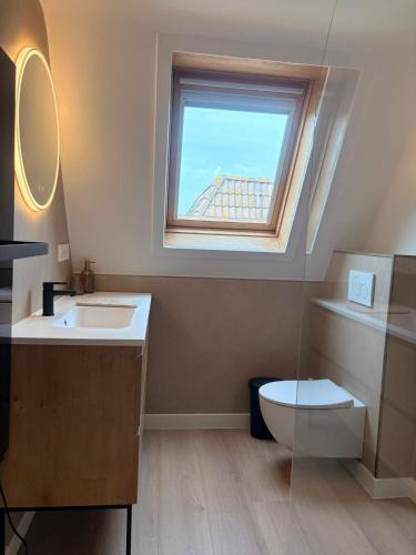 a bathroom with a sink and a toilet and a window at Maison Lavandelle in Middelkerke