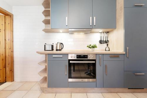 a kitchen with blue cabinets and an oven at Siestalodge 1 in Pelzerhaken