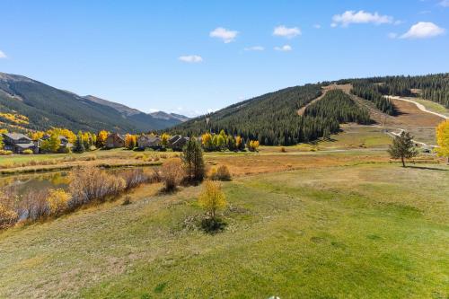 a grassy field with trees and mountains in the background at Greens at Copper #217 in Copper Mountain