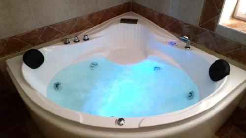 ein Whirlpool mit blauem Wasser in einem Badezimmer in der Unterkunft Rood Huus in Dabitz