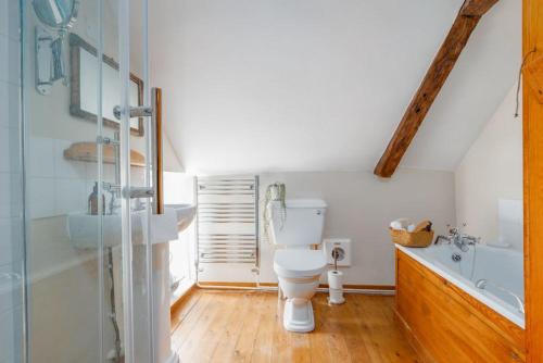 a bathroom with a toilet and a sink and a shower at Cheesemans Cottage in Grimstone