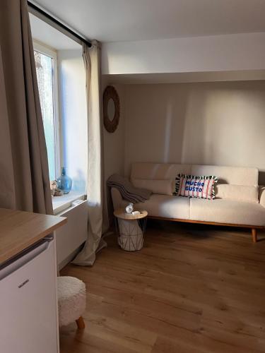 a living room with a couch and a window at Cozy independent apartment in Mornant