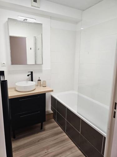 a bathroom with a tub and a sink and a mirror at Numéro 6 in Toulouse