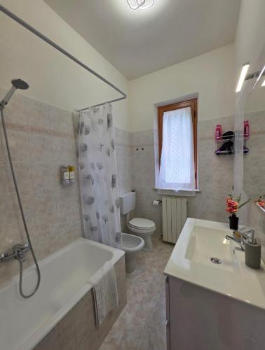 a bathroom with a tub and a toilet and a sink at B&B Il Tralcio in Cascia
