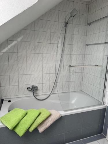 a shower with two green towels on a bath tub at Casa Kovacs in Herbolzheim