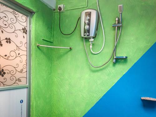 a bathroom with a green wall with a stethoscope at Sigiri Lake Paradise in Sigiriya