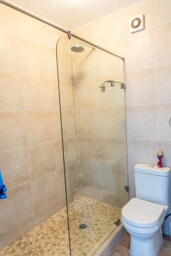a bathroom with a shower with a toilet at Dookes Apartment in Umdloti