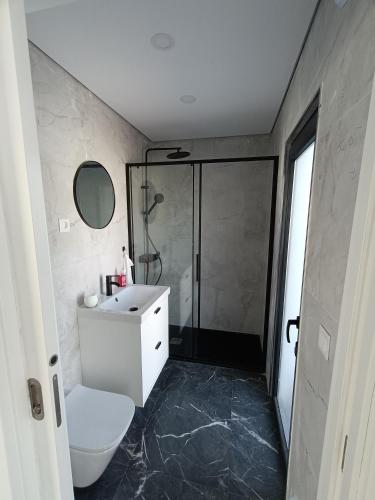 a bathroom with a white toilet and a shower at IROC Private Garden in Quinta do Anjo