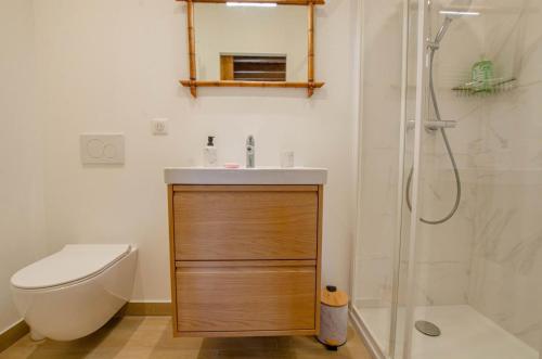 a bathroom with a toilet and a sink and a shower at Le clos de la ferme in Chervey