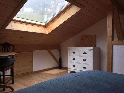 a bedroom with a large skylight in a attic at Cozy chalet with panoramic views in Leysin in Leysin
