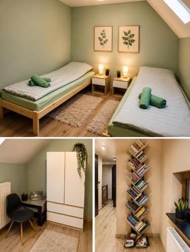 a bedroom with two beds and a book shelf at U Margo nad rzeczką in Susiec