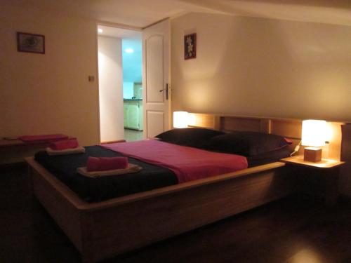 a bedroom with a large bed with a red blanket at LE Colibri in Le Dix-Septième
