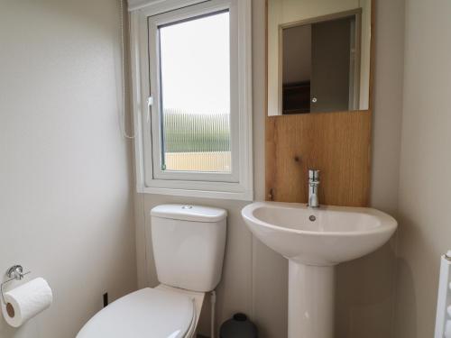 a bathroom with a toilet and a sink and a window at The Oaks 3 Bedrooms in Northwich
