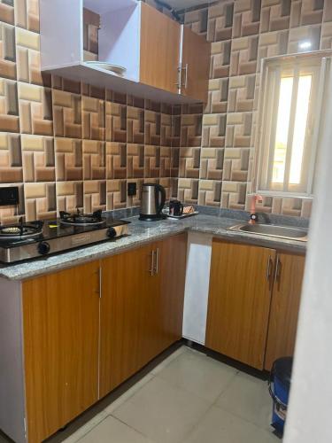 a kitchen with wooden cabinets and a counter top at House One Apartment in Akure