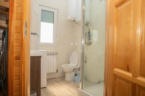 a bathroom with a toilet and a glass shower at Domki całoroczne u Greściaków in AdamÃ³w