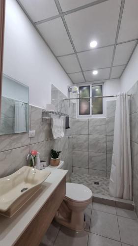 a bathroom with a toilet and a sink and a shower at AMINA Inn in Flores