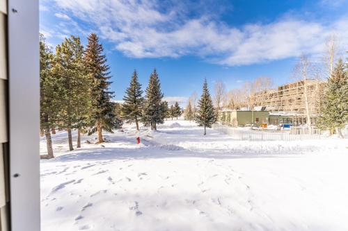 a snow covered park with trees and a building at Plaza #1404 in Keystone