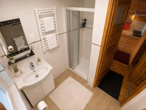 a small bathroom with a sink and a shower at Domekwroznowiepl in Rożnów