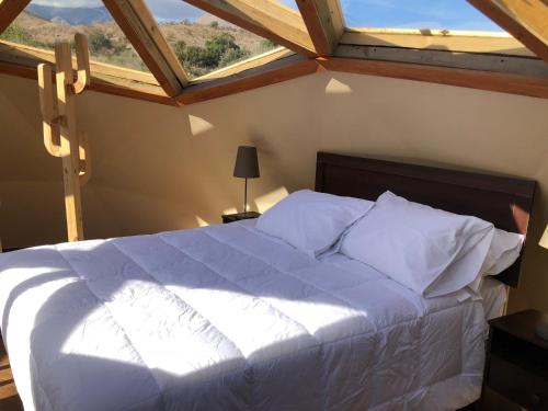a bedroom with a large white bed with a window at Hotel Observatorio TukunMapu in Vicuña