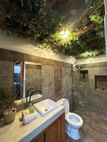 a bathroom with a toilet and a sink with plants on the ceiling at Chalet del lago Santa Elena in Santa Elena