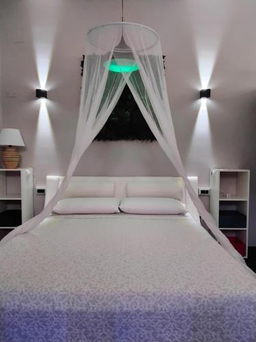 a bedroom with a white bed with a canopy at Suite House in Sora