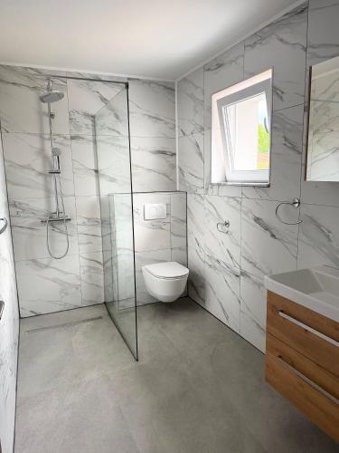 a bathroom with a shower and a toilet and a sink at Apartma Viković II in Njiverce