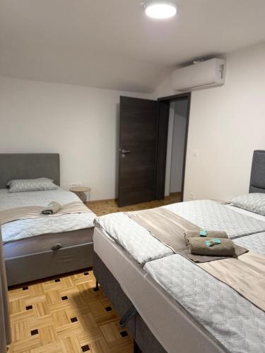 a bedroom with two beds and a closet in it at Apartma Viković II in Njiverce