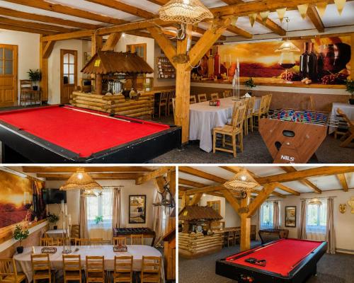 two pictures of a room with a pool table at AGROTURYSTYKA POD ŚNIEŻNĄ in Bystrzyca Kłodzka