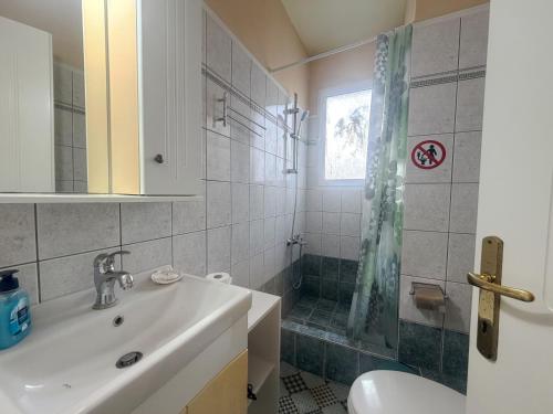 a bathroom with a sink and a toilet and a shower at An-Mary by vacapers in Iraklitsa