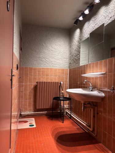 a bathroom with a sink and a mirror at Relais du Moulin - Bed & Breakfast in Abreschviller