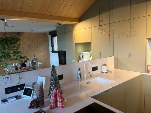 a kitchen with a christmas tree on a counter at Le Chalet Cormoyeux in Cormoyeux