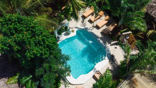 an overhead view of a swimming pool in a resort at The Garten Living in Paje