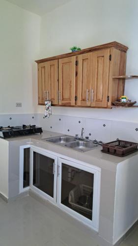 a kitchen with a sink and wooden cabinets at Katty House in Santa Bárbara de Samaná