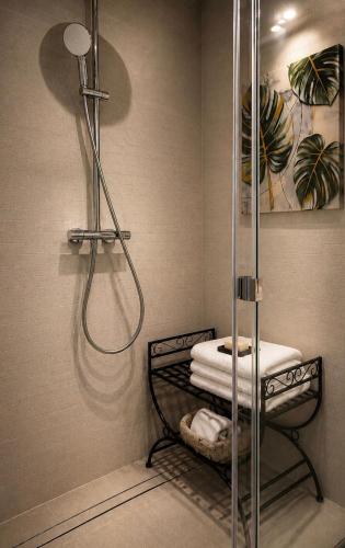 a bathroom with a shower with a towel rack at PEARL COAST Luxury Rogowo Pool Beach in Rogowo