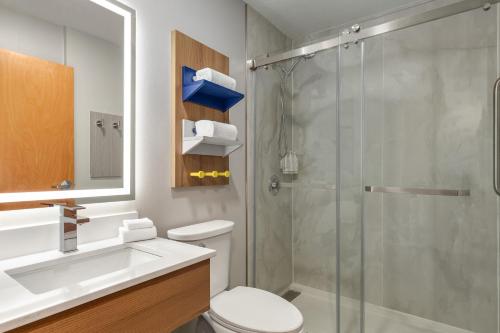 a bathroom with a shower and a toilet and a sink at Microtel Inn & Suites by Wyndham Culpeper in Culpeper