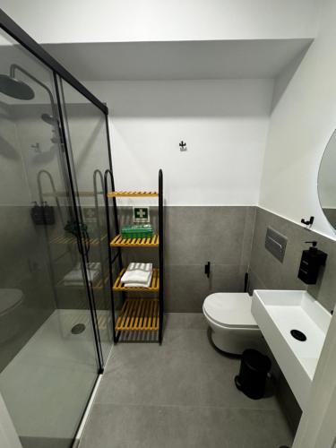 a bathroom with a shower and a toilet and a sink at Casa da Praça- Boutique Rooms in Tavira